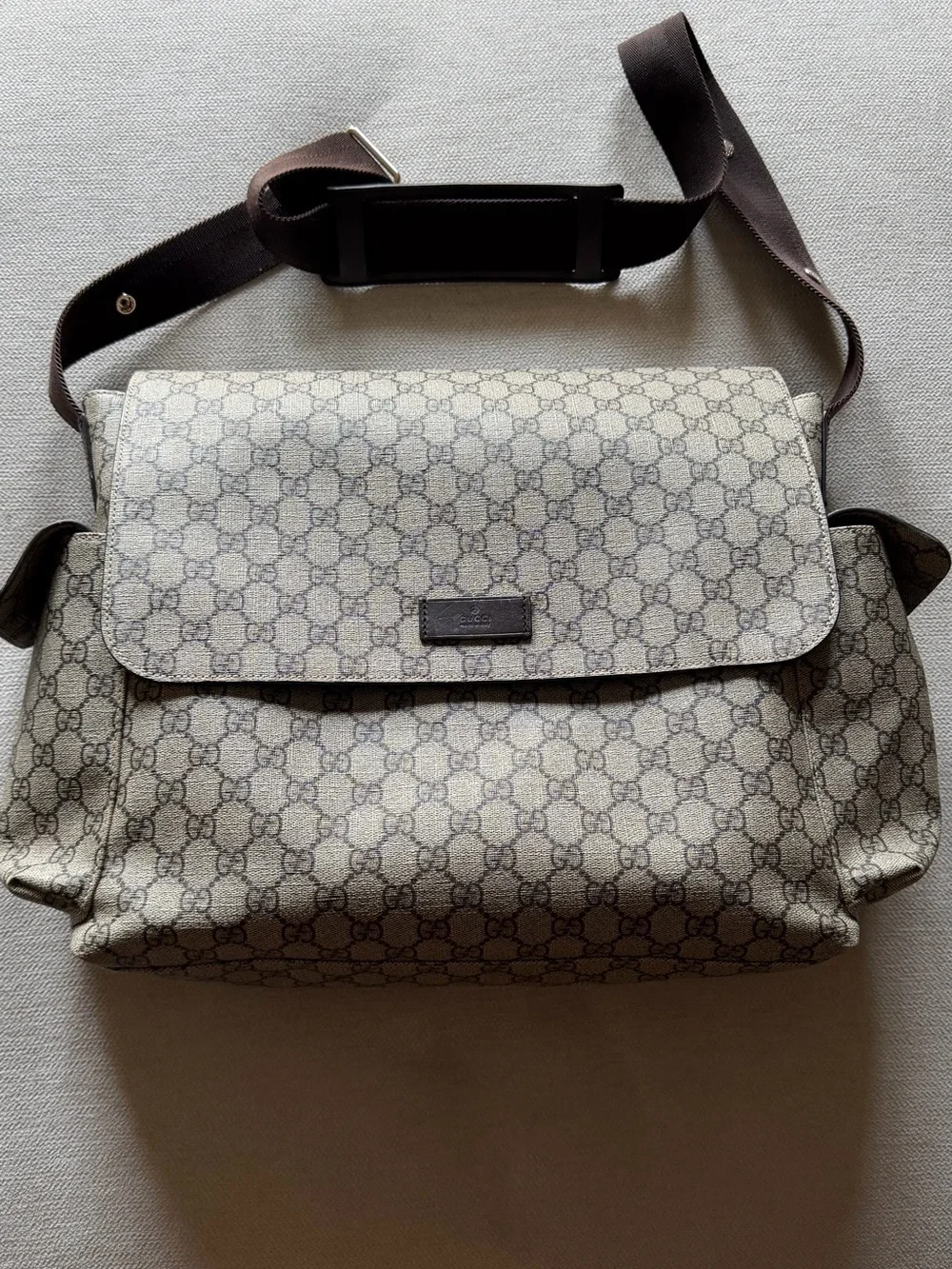 Gucci Beige and Brown GG Canvas Messenger Bag with Adjustable Strap.